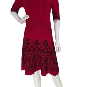 Knitted Red and Black Patterned Midi Dress